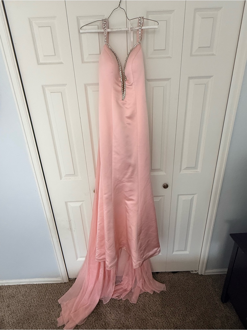 Blush Pink Prom Dress with Crystal-Embellished Straps